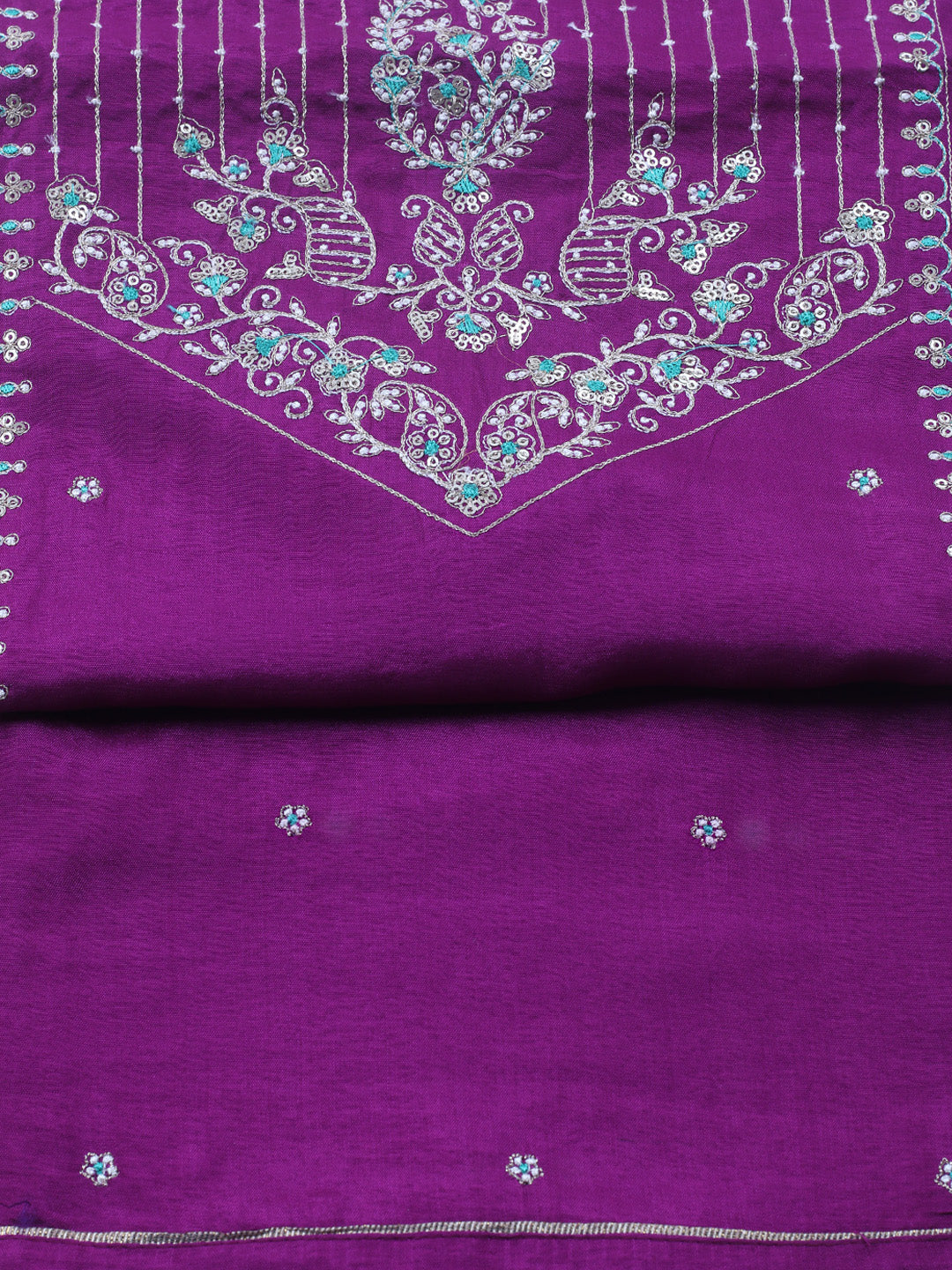 Embroidered Chanderi Unstitched Suit With Pant &amp; Dupatta