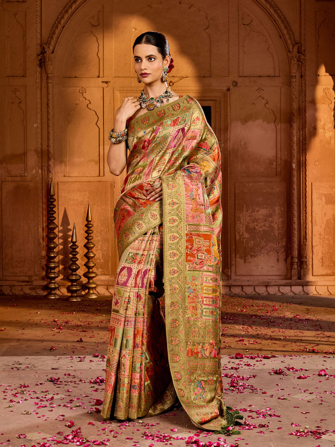 Mehndi Satin Woven Saree