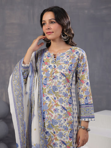 Floral Print Cotton Kurta With Pants & Dupatta