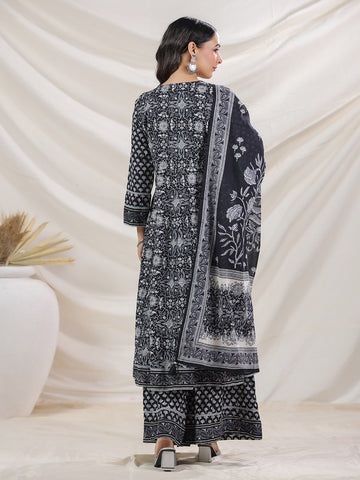 Floral Printed Cotton Blend Kurta With Palazzo & Dupatta