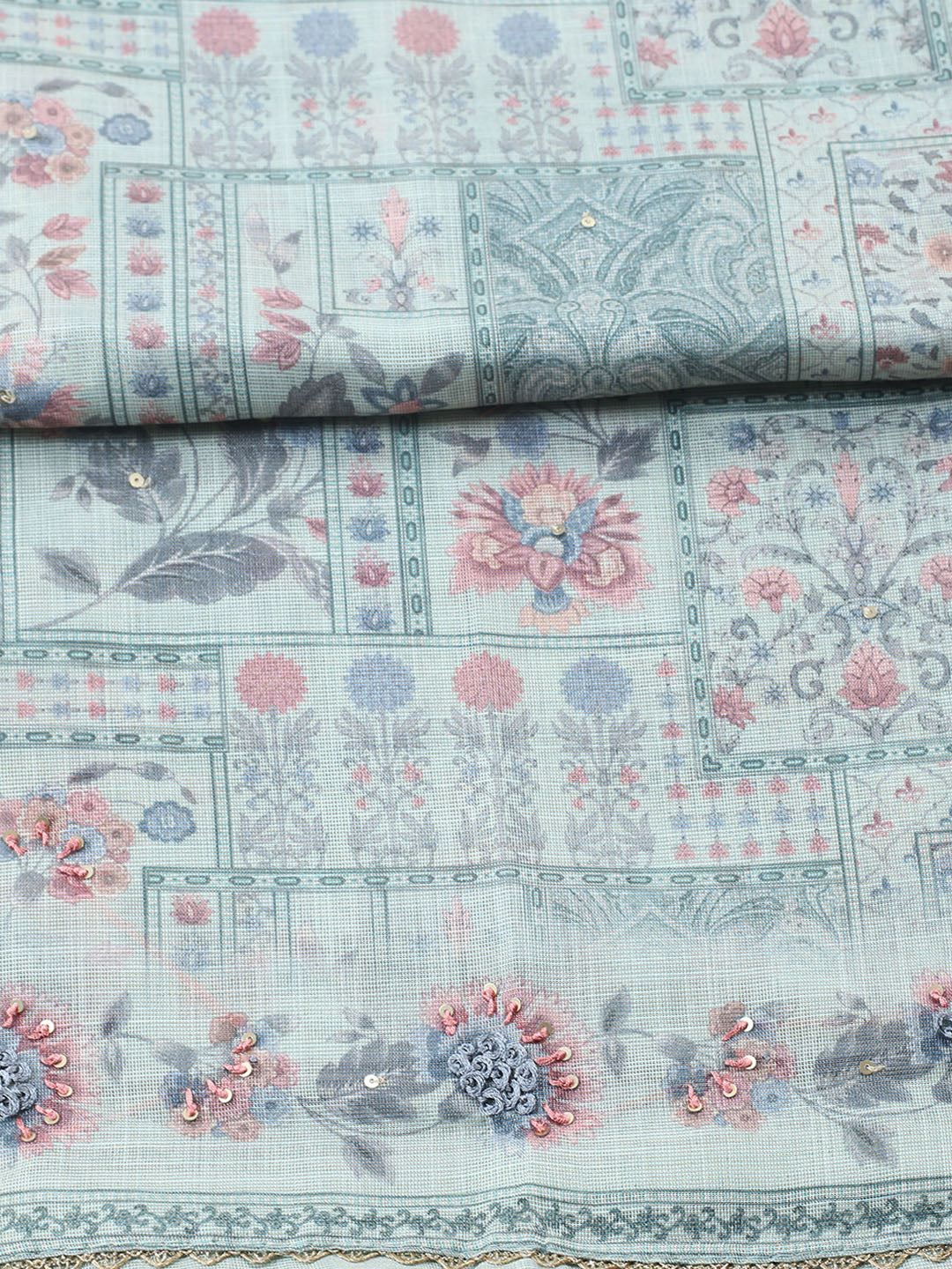 Printed Linen Blend Unstitched Suit With Pant &amp; Dupatta
