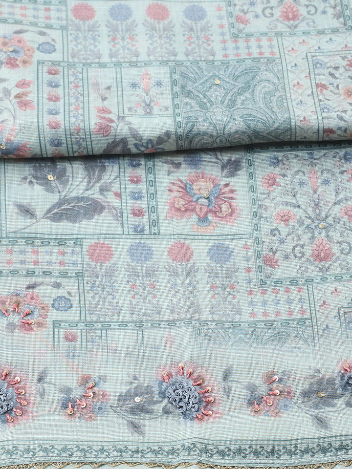 Printed Linen Blend Unstitched Suit With Pant &amp; Dupatta
