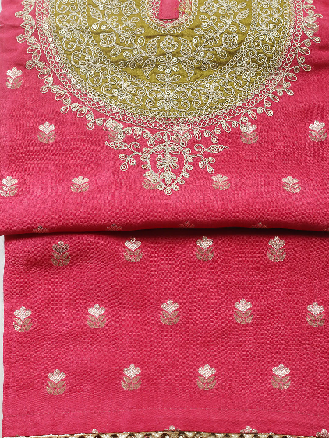 Embroidered Chanderi Unstitched Suit With Pant &amp; Dupatta