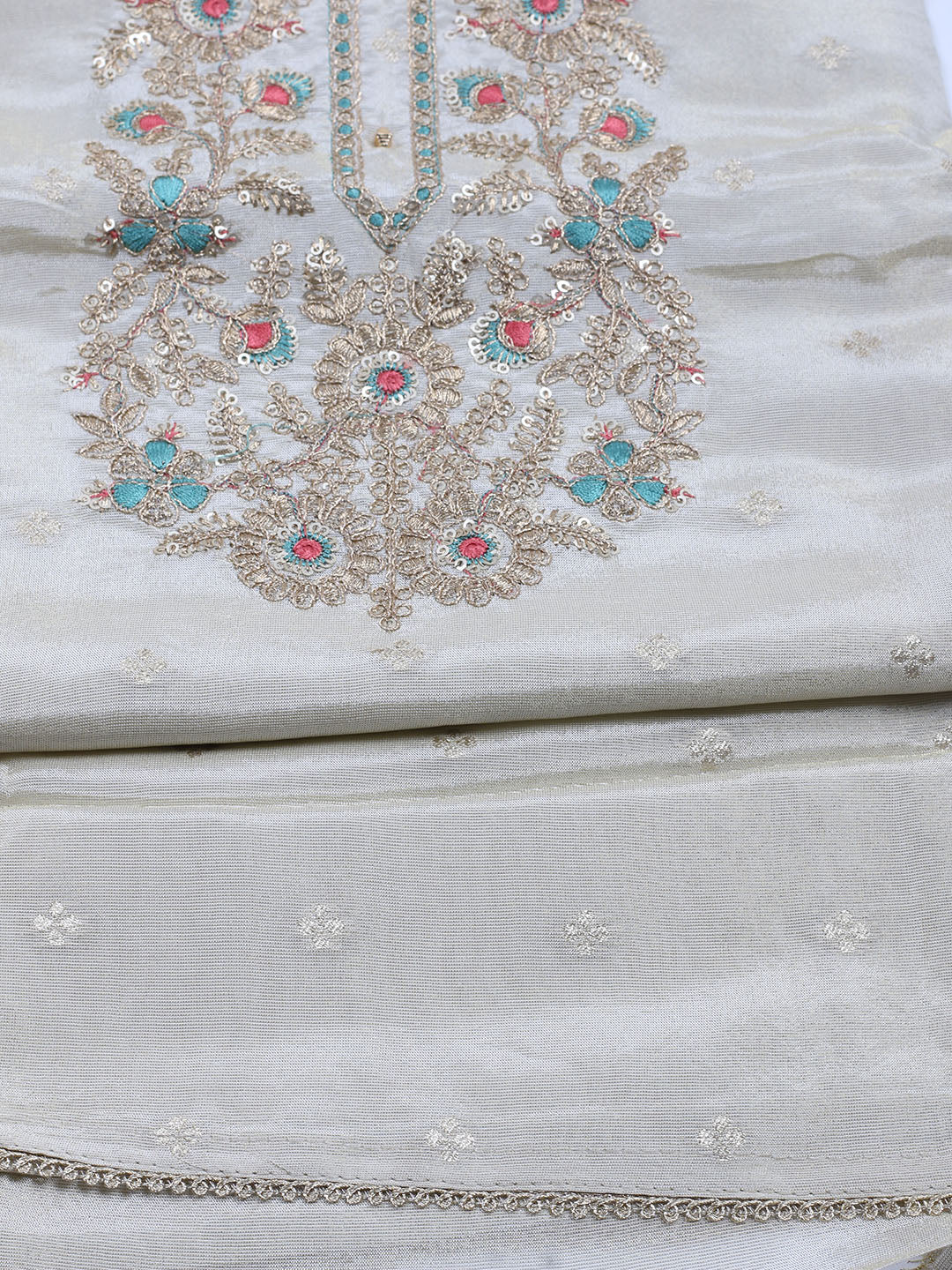 Neck Embroidered Chanderi Unstitched Suit With Dupatta