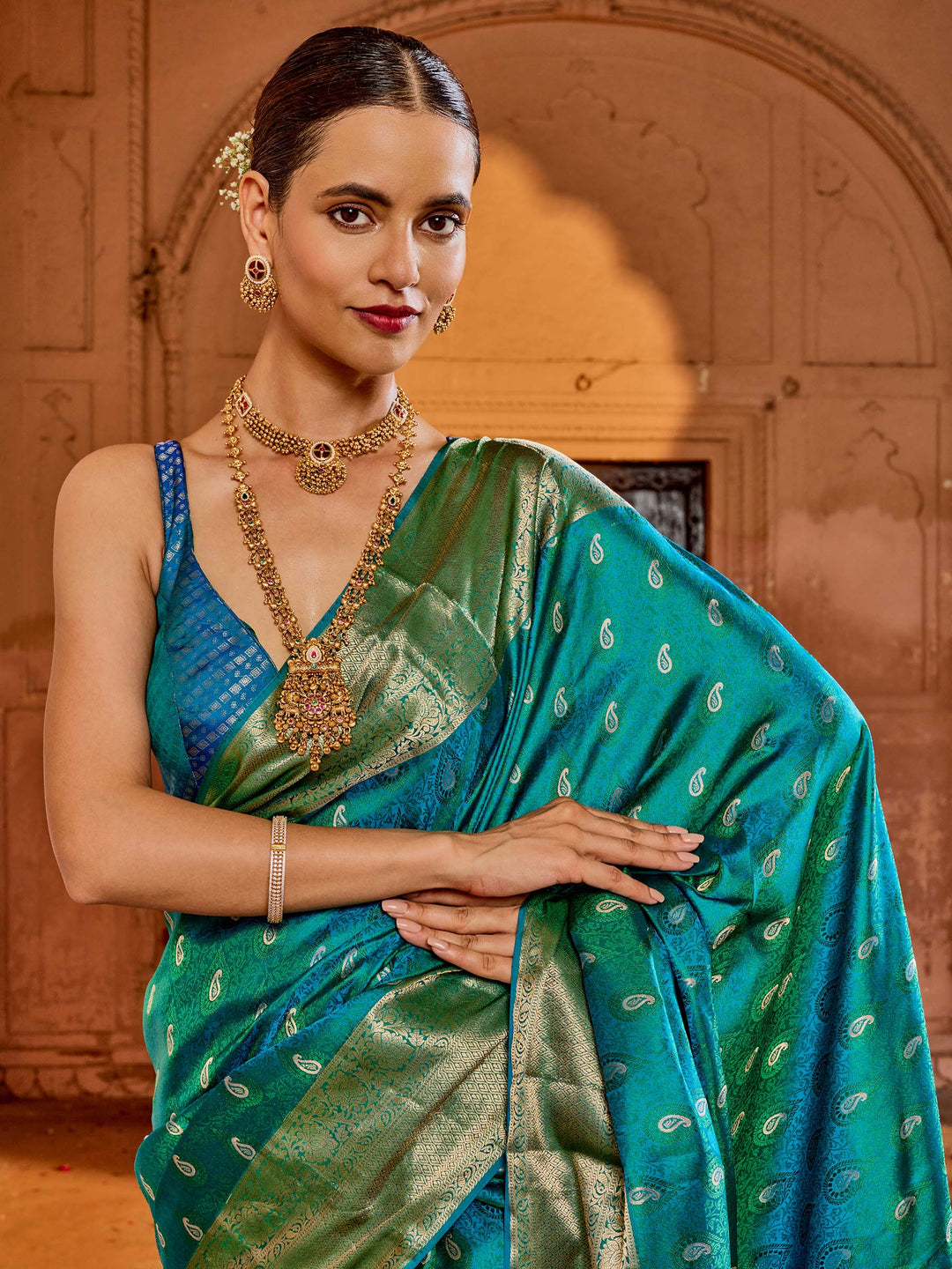 Lake Blue Hlame Woven Saree