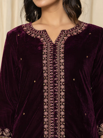 Zari Neck Embroidered Velvet Kurta With Pants