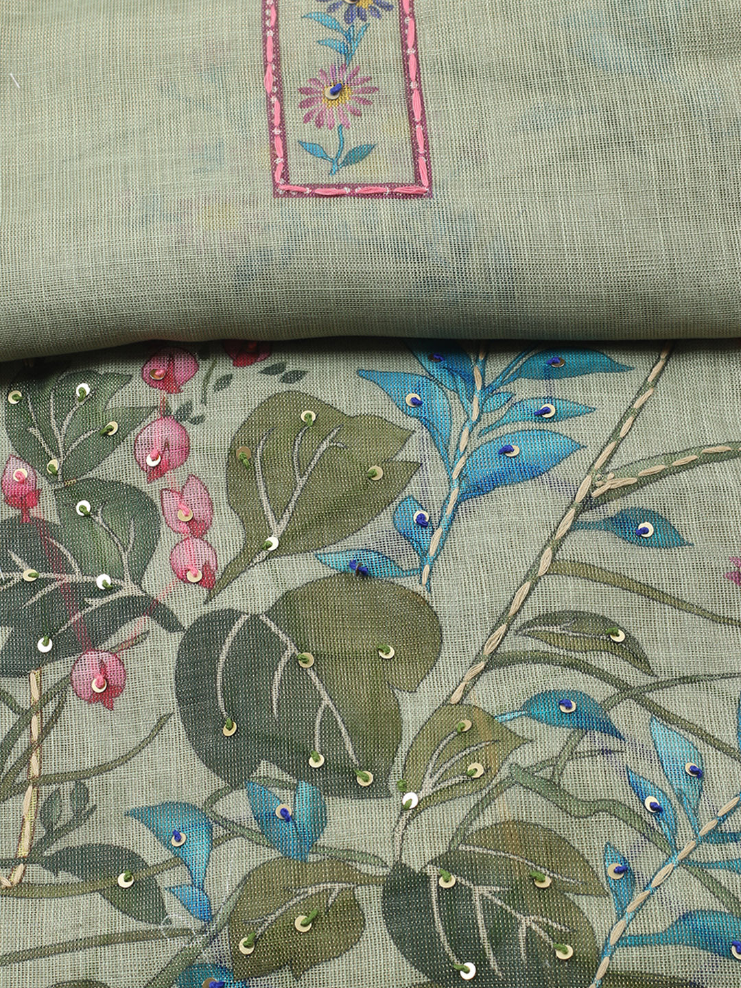 Printed Linen Blend Unstitched Suit With Pant &amp; Dupatta