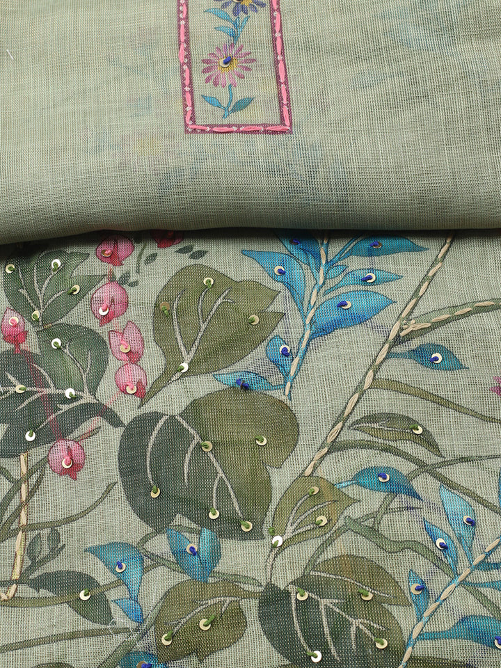 Printed Linen Blend Unstitched Suit With Pant &amp; Dupatta