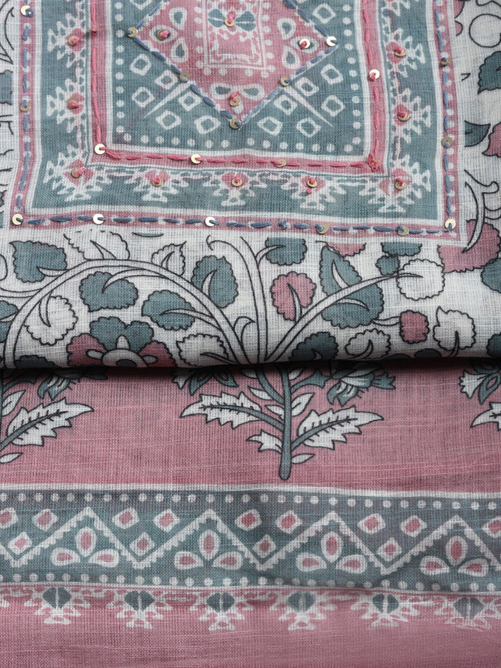 Printed Linen Blend Unstitched Suit With Pant &amp; Dupatta