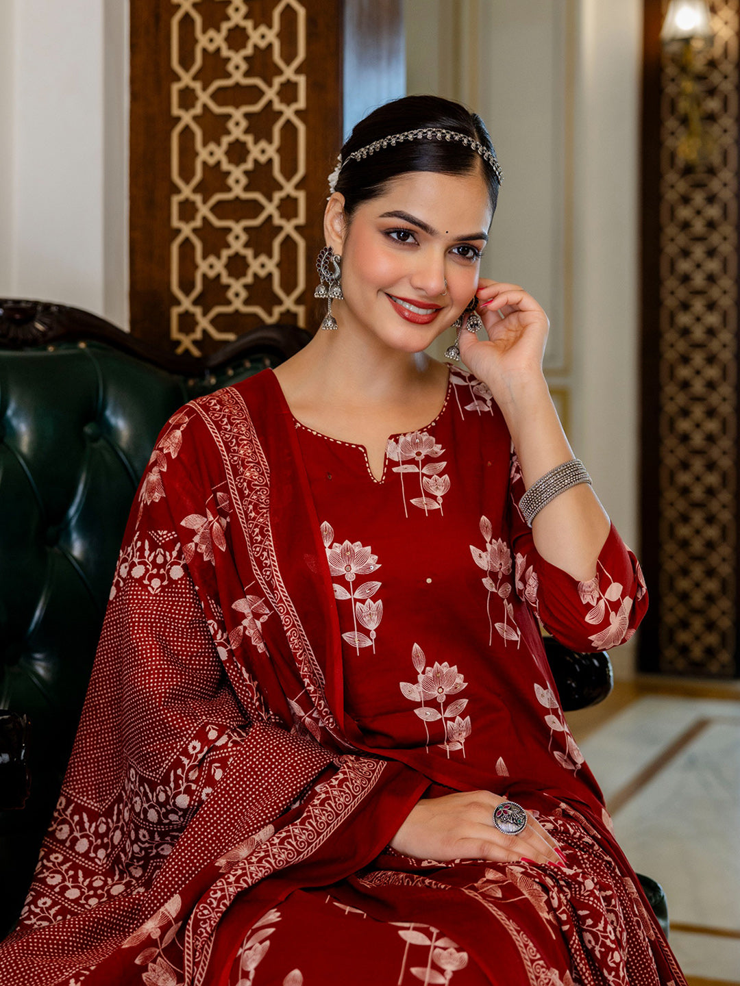 Red Printed Cotton Blend Round Neck Suit Set