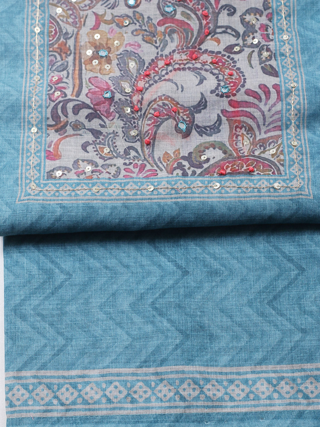 Embroidered Chanderi Unstitched Suit With Pant &amp; Dupatta
