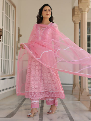 Cotton Blend Anarkali Embroidered Suit Set With Lace