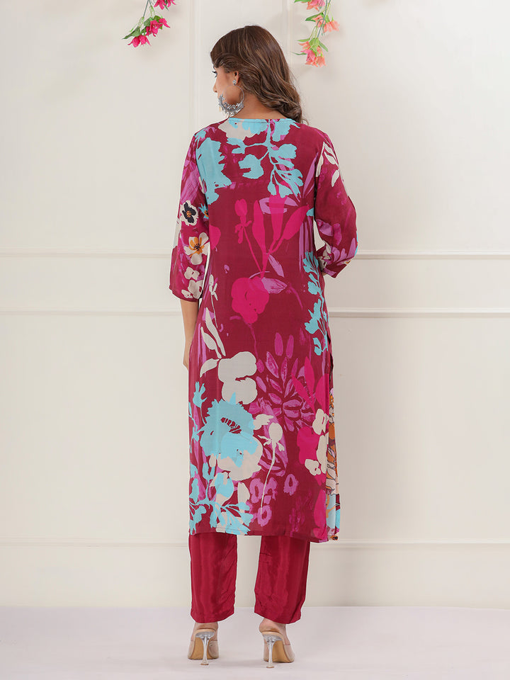 Magenta Digital Printed Muslin Straight Suit Set With Dupatta