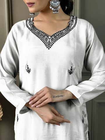 Neck Embroidered Cotton Blend Kurta With Pants & Dupatta