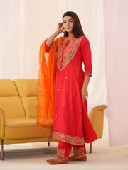 Neck Embroidered Art Silk Kurta With Pants & Dupatta