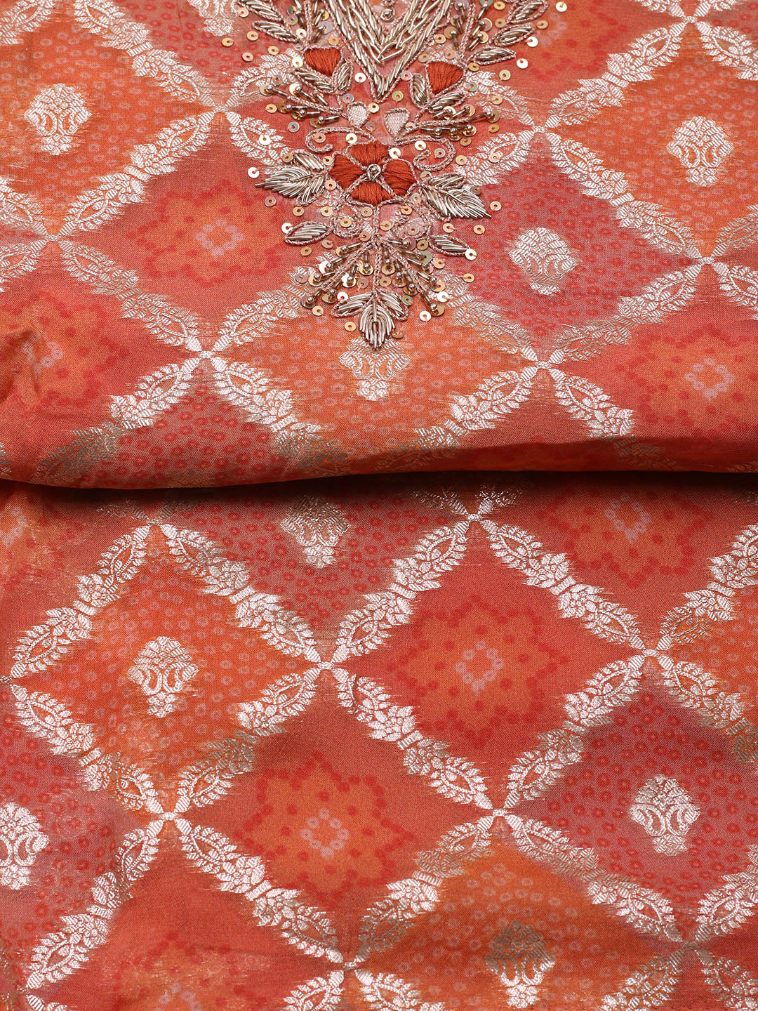 Embroidered Chanderi Unstitched Suit With Pant &amp; Dupatta