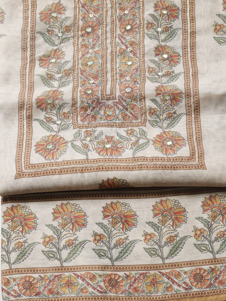 Printed Chanderi Unstitched Suit With Pant &amp; Dupatta