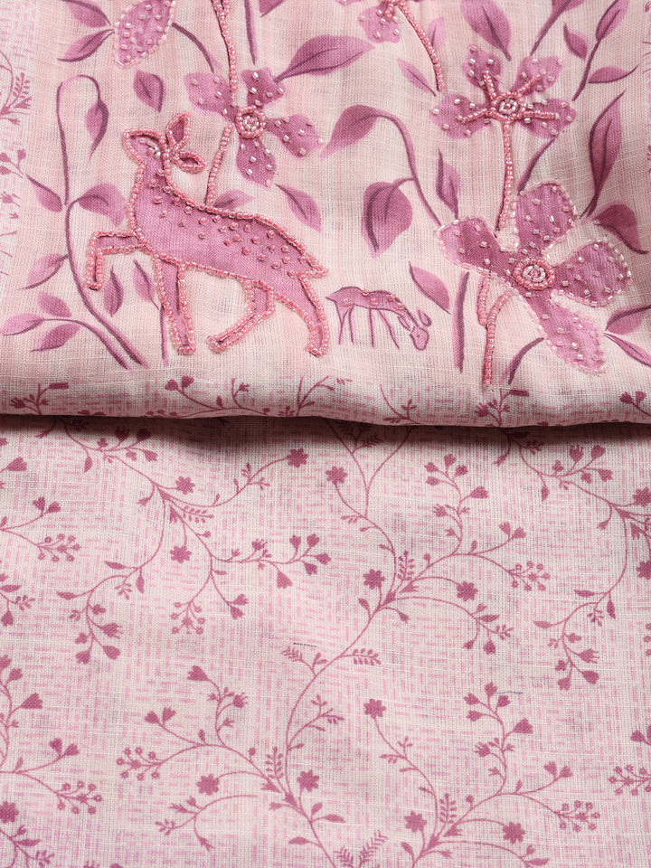 Printed Linen Blend Unstitched Suit With Pant &amp; Dupatta