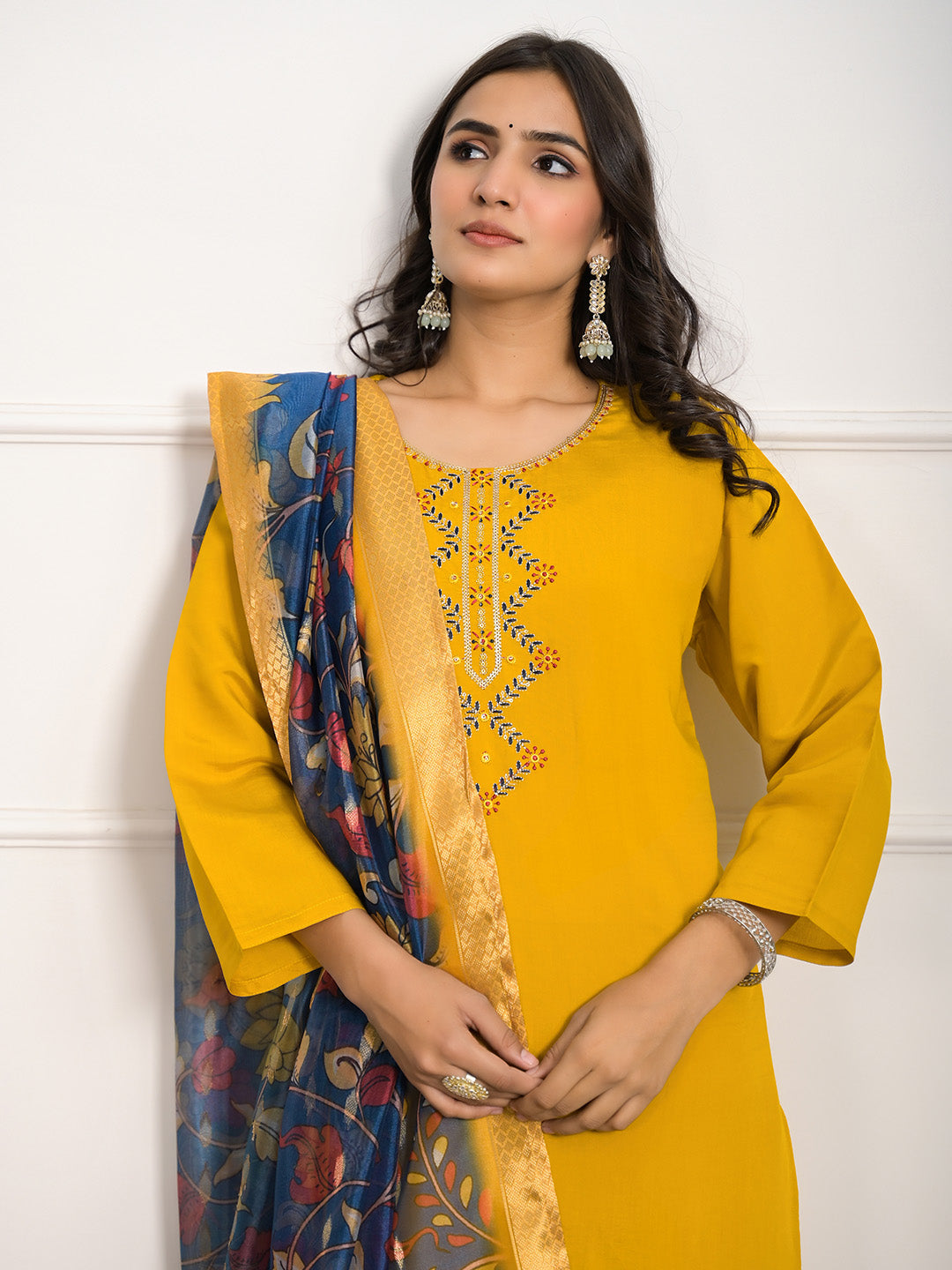 Neck Embroidered Muslin Kurta With Pants &amp; Dupatta