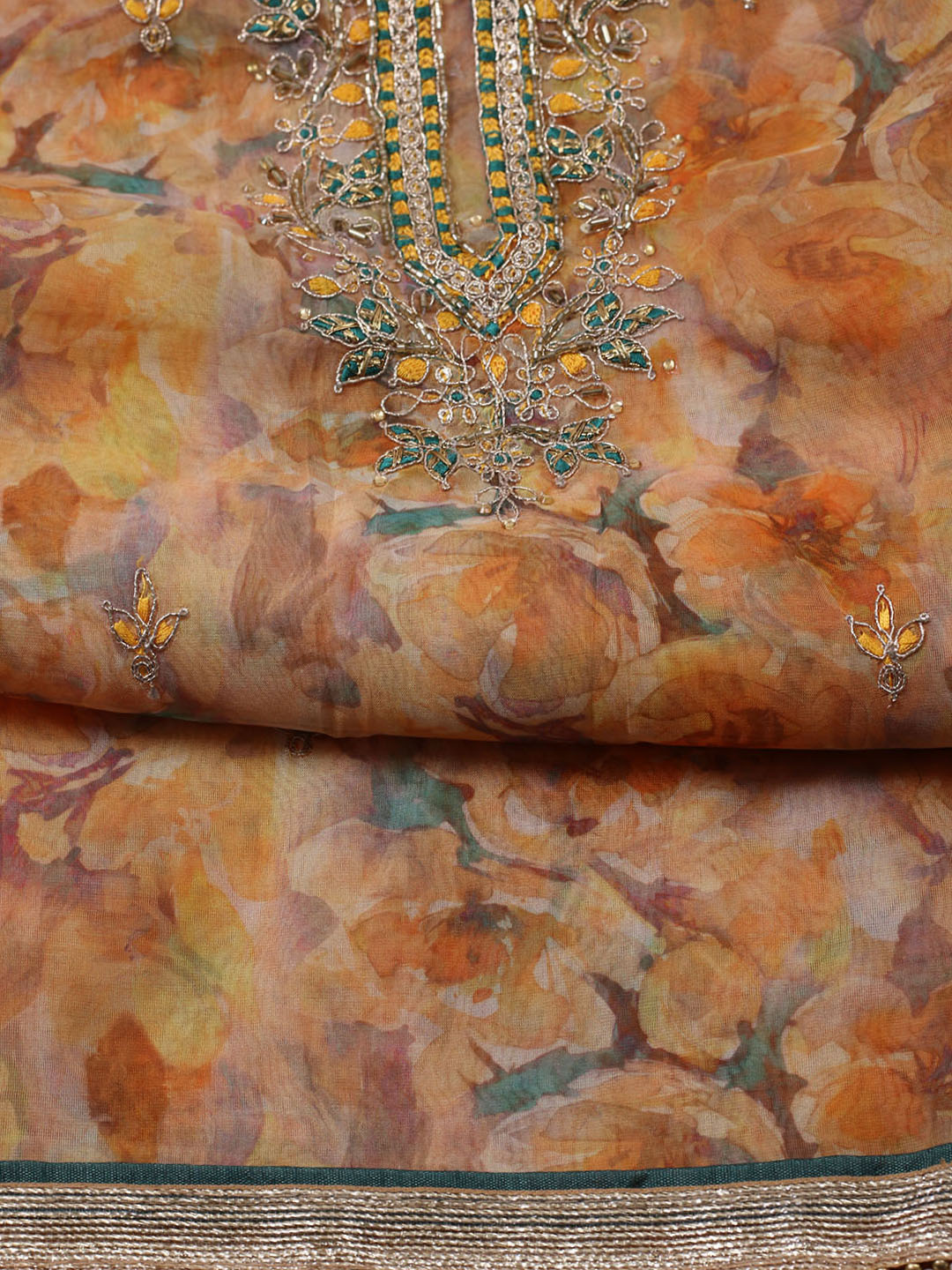 Neck Embroidered Organza Unstitched Suit With Dupatta