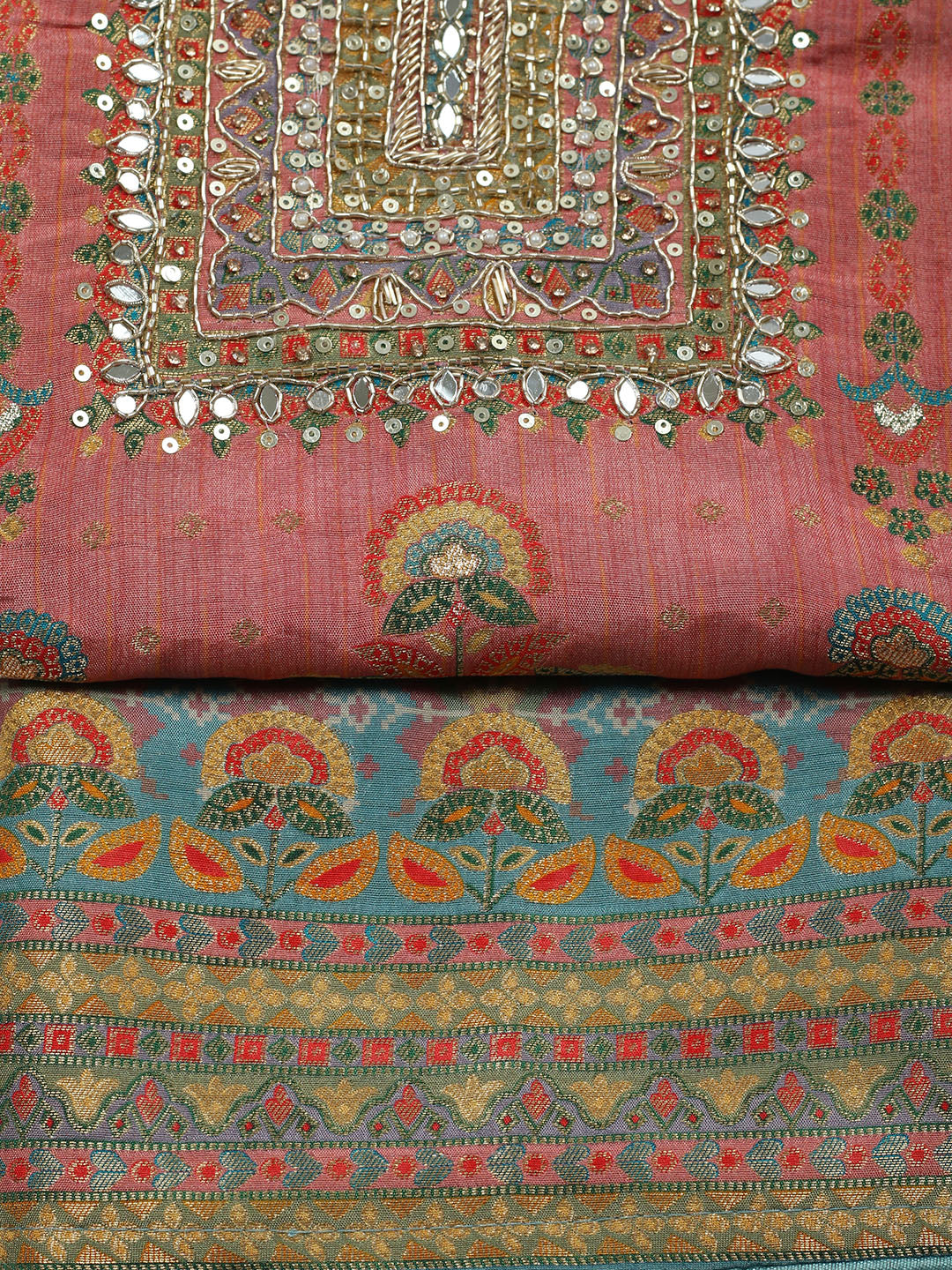 Embroidered Chanderi Unstitched Suit With Pant &amp; Dupatta