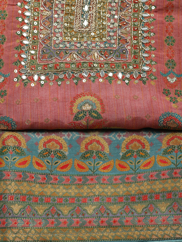 Embroidered Chanderi Unstitched Suit With Pant &amp; Dupatta