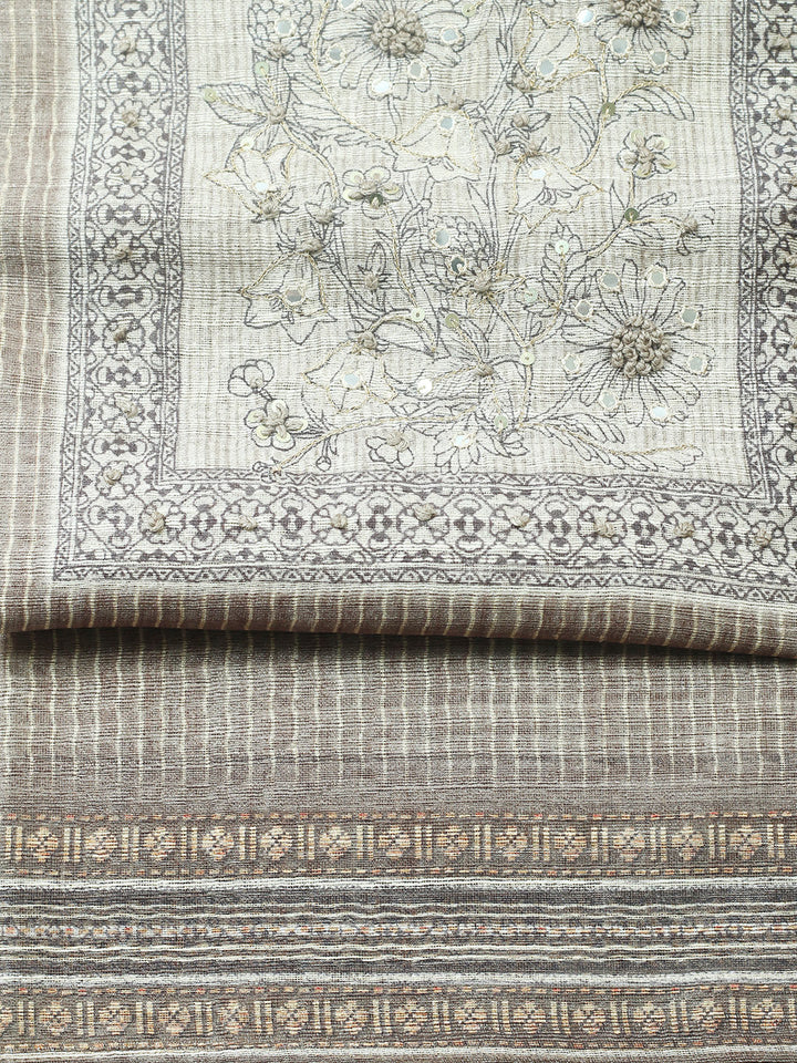 Embroidered Chanderi Unstitched Suit With Pant &amp; Dupatta