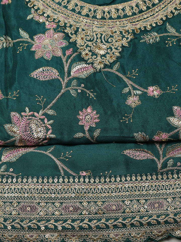 Embroidered Chinon Unstitched Suit With Pant &amp; Dupatta