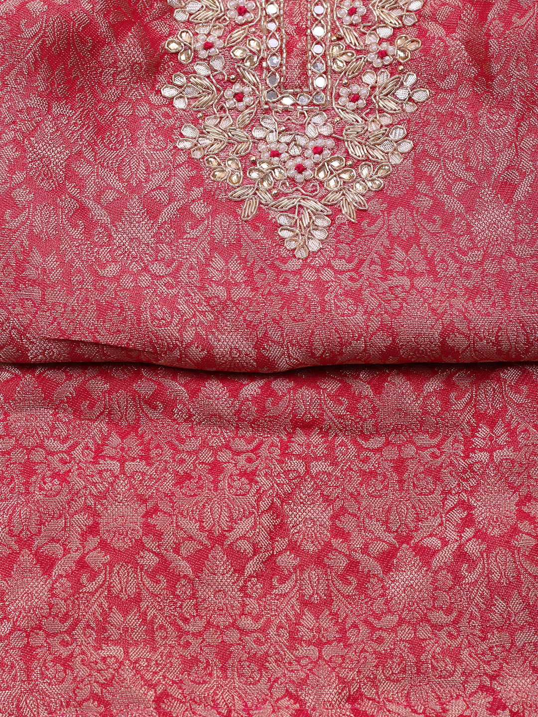 Embroidered Chanderi Unstitched Suit With Pant &amp; Dupatta