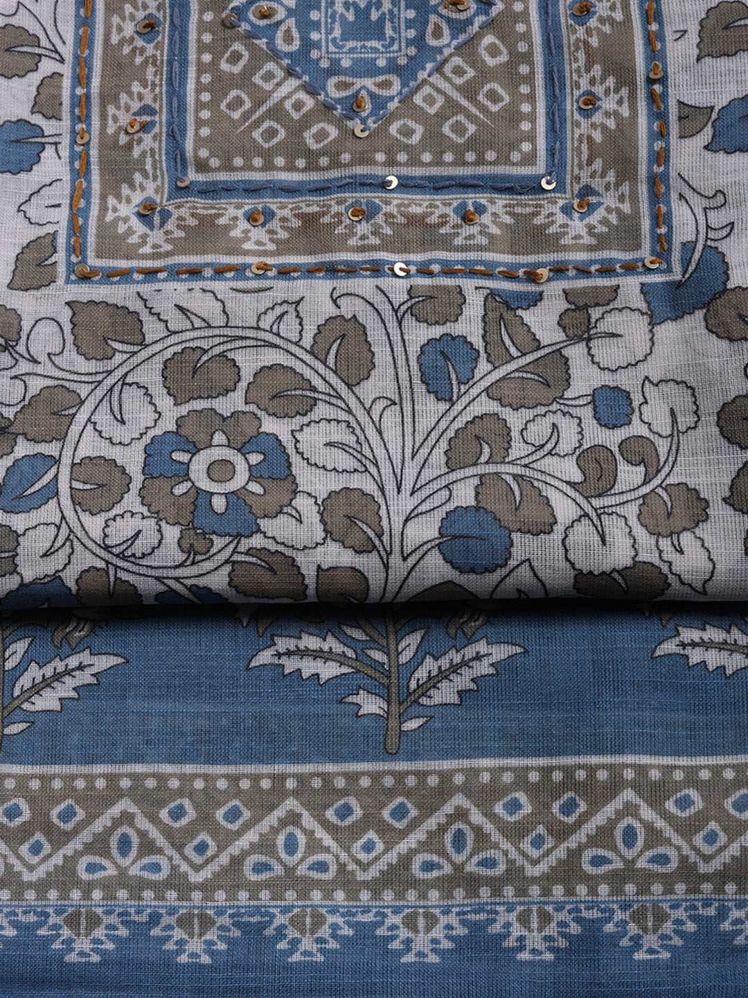 Printed Linen Blend Unstitched Suit With Pant &amp; Dupatta