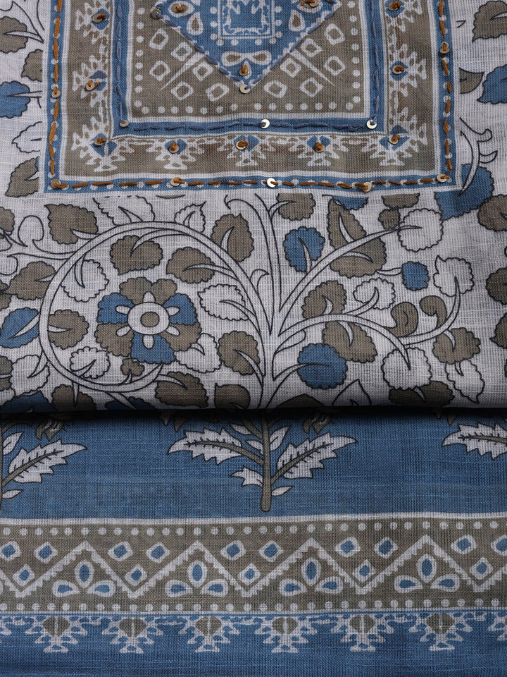 Printed Linen Blend Unstitched Suit With Pant &amp; Dupatta