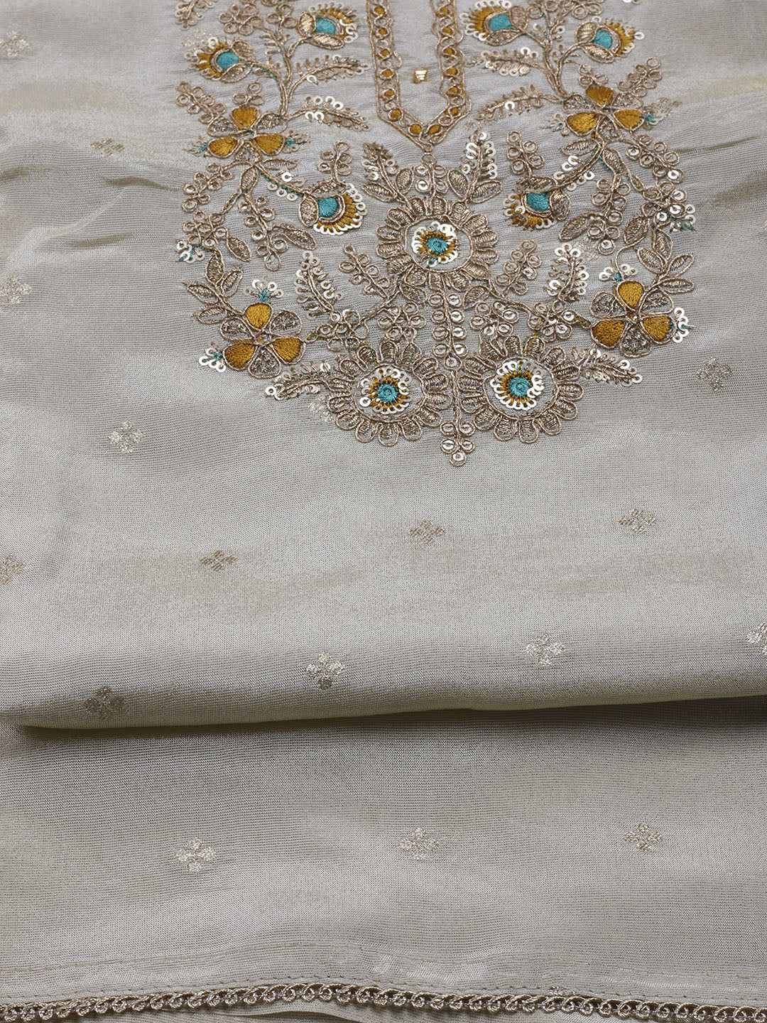Neck Embroidered Chanderi Unstitched Suit With Dupatta