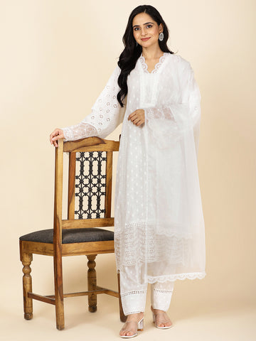 Neck Embroidery Cotton Kurta With Pants & Dupatta