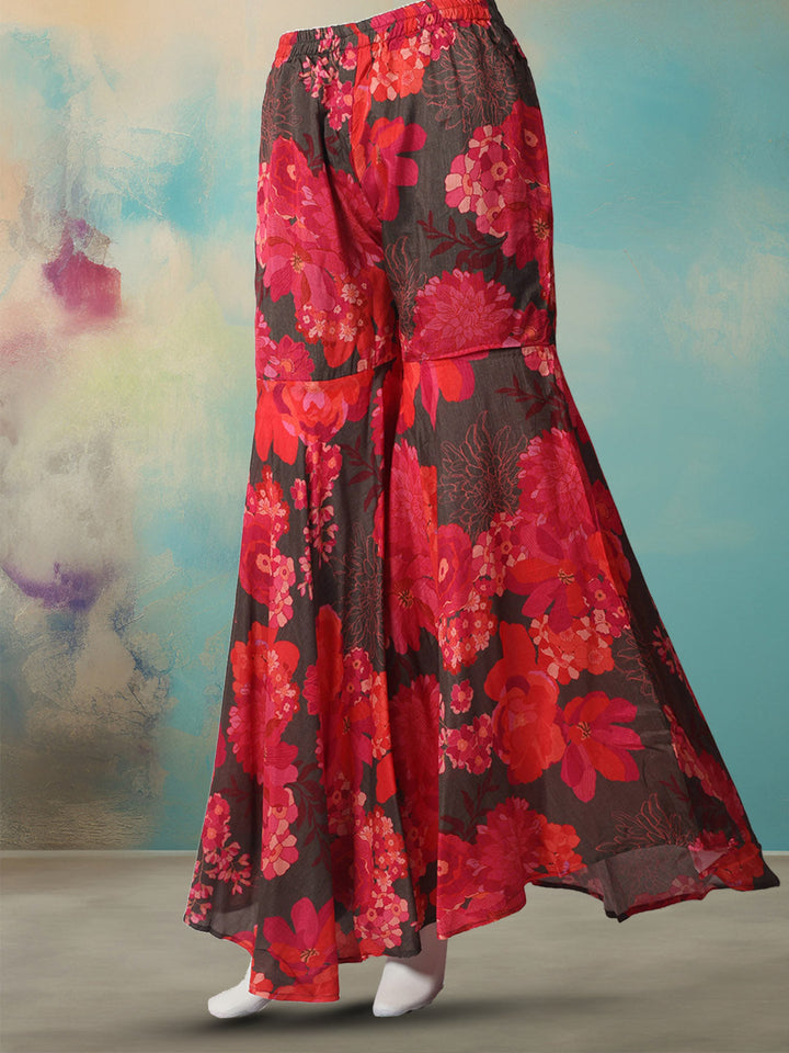 Printed With Embroidered Cotton Blend Kurta With Garara &amp; Dupatta