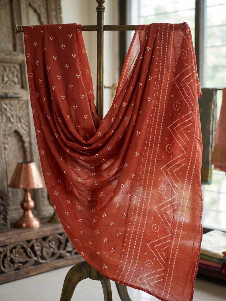 Rust Embroidered Cotton Blend Straight V Neck Suit Set