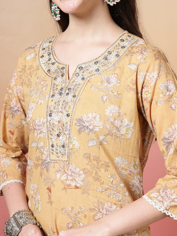 Embroidered Cotton Kurta With Pant &amp; Dupatta