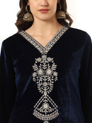 Zari Neck Embroidered Velvet Kurta With Pants & Dupatta