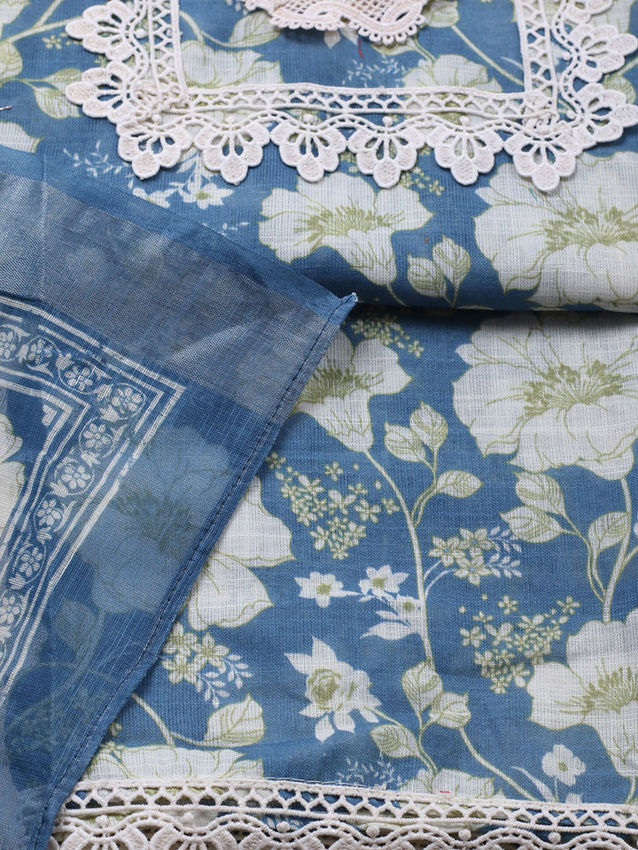 Embroidered Linen Blend Unstitched Suit With Pant &amp; Dupatta