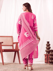 Printed Cotton Kurta With Pants & Dupatta With Bag