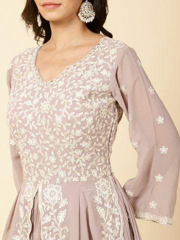 Resham Jaal Embroidered Georgette Stitched Kurta With Belt & Dupatta