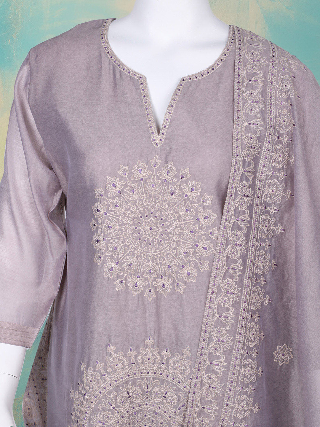 Embroidered Chanderi Kurta With Pants &amp; Dupatta