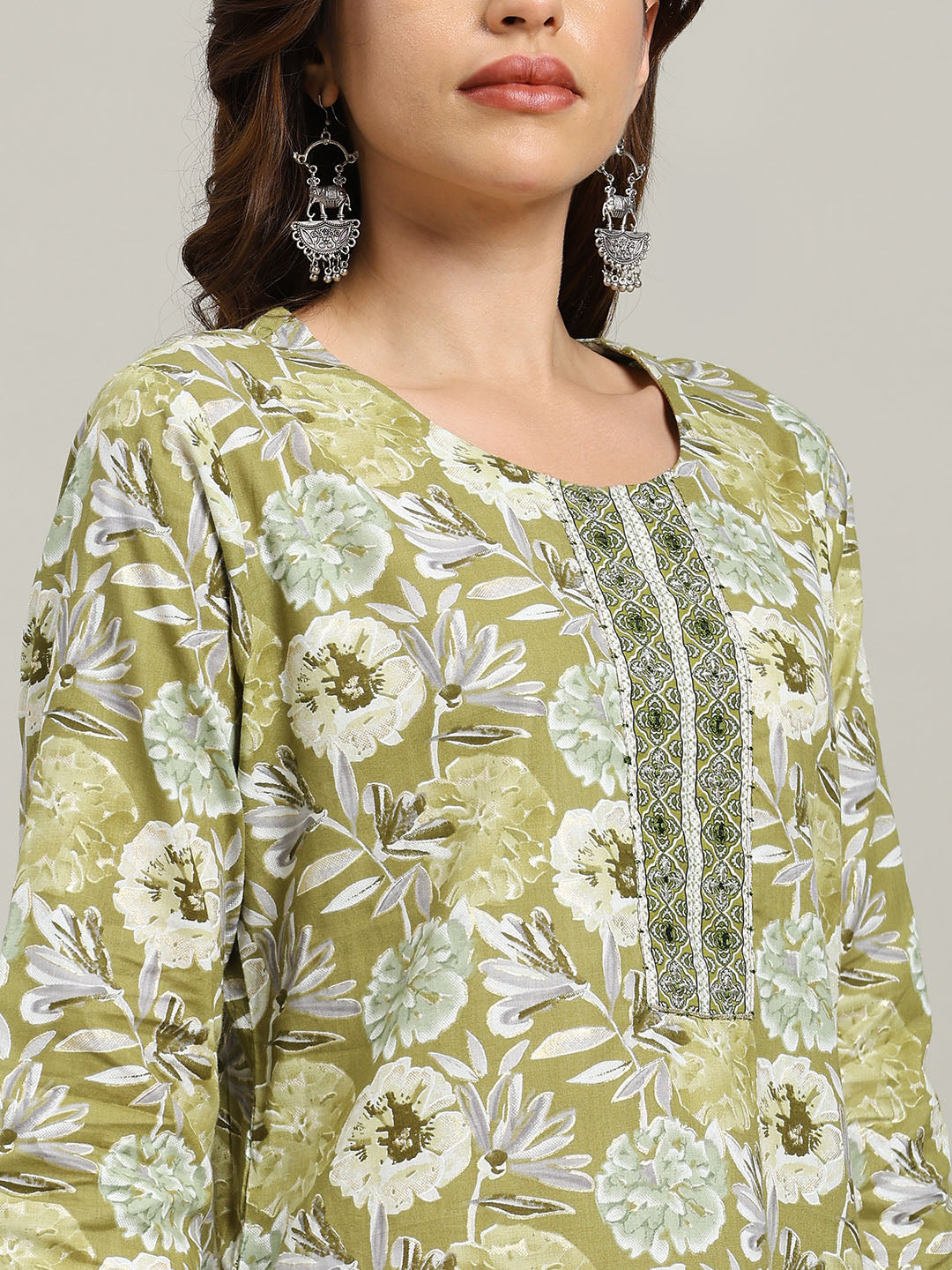 Floral Parinted Cotton Blend Kurta With Pants &amp; Dupatta