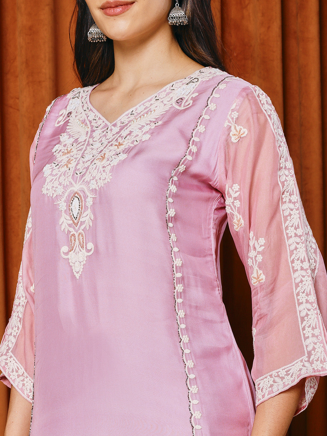 Resham Work Organza Kurta With Pants &amp; Dupatta
