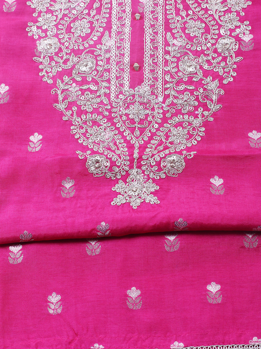 Embroidered Chanderi Unstitched Suit With Pant &amp; Dupatta