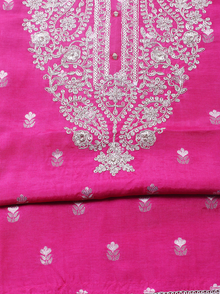 Embroidered Chanderi Unstitched Suit With Pant &amp; Dupatta
