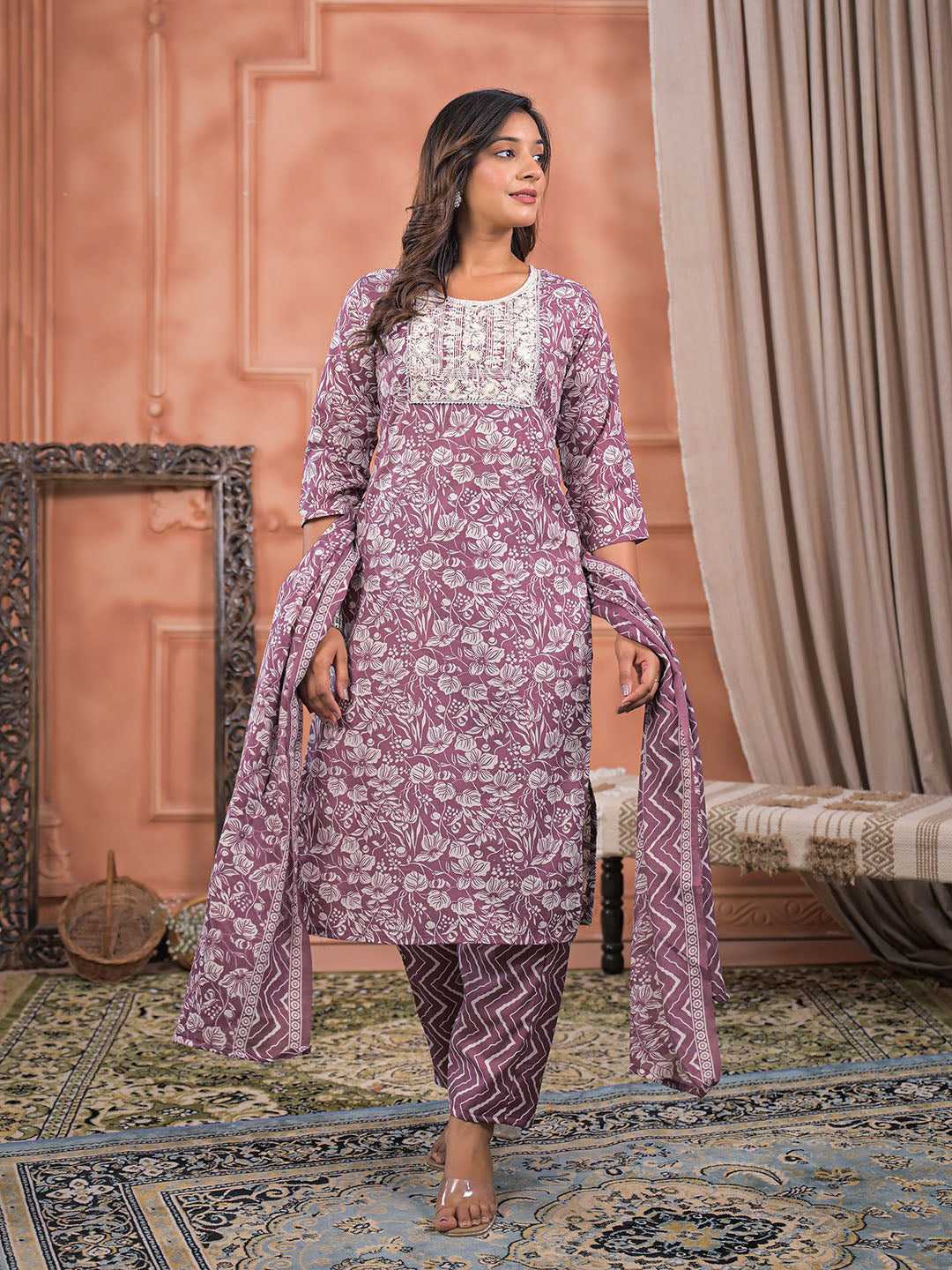 Printed Cotton Kurta With Pant &amp; Dupatta