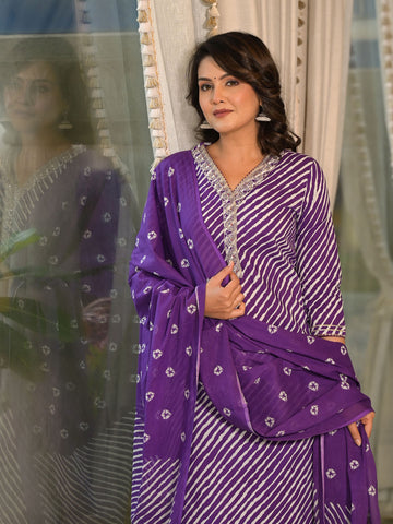 Leheriya Printed Cotton Suit Set With Dupatta