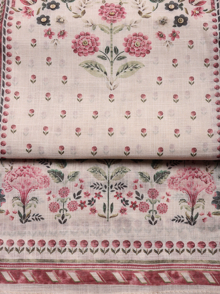Printed Linen Blend Unstitched Suit With Pant &amp; Dupatta