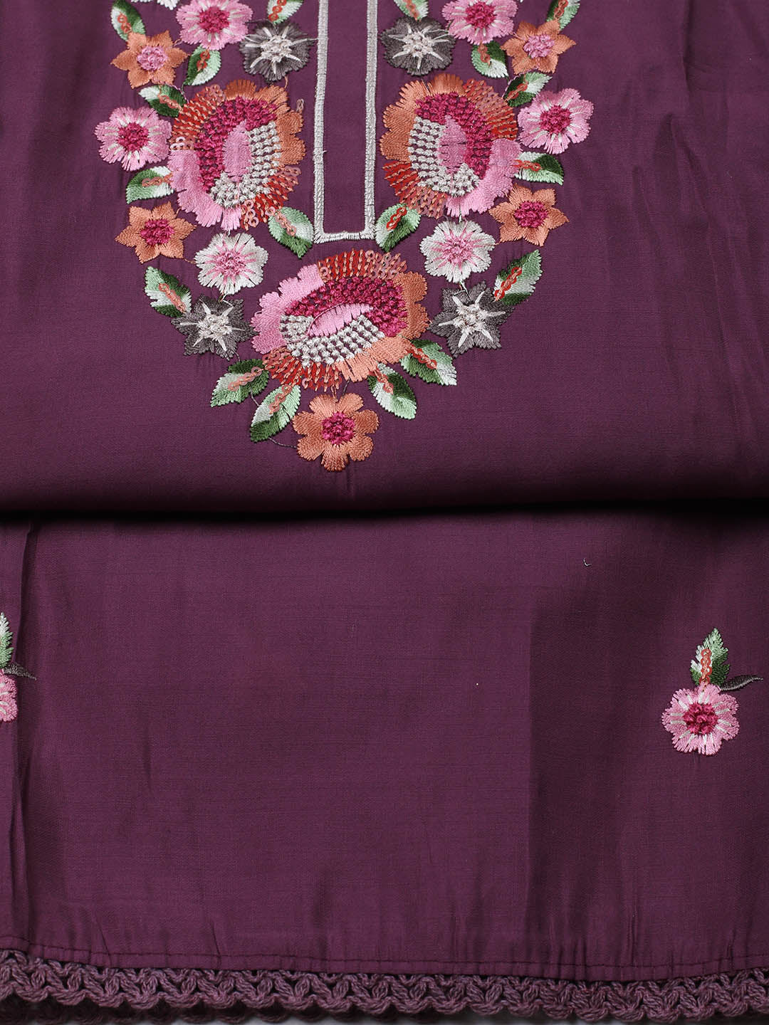 Embroidered Chanderi Unstitched Suit With Pant &amp; Dupatta