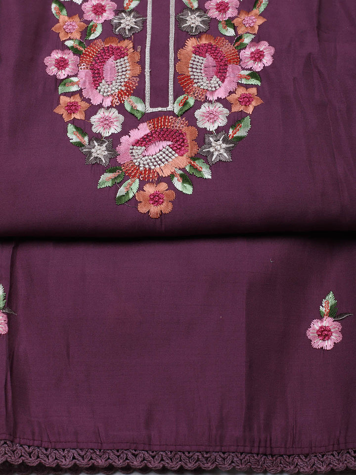 Embroidered Chanderi Unstitched Suit With Pant &amp; Dupatta